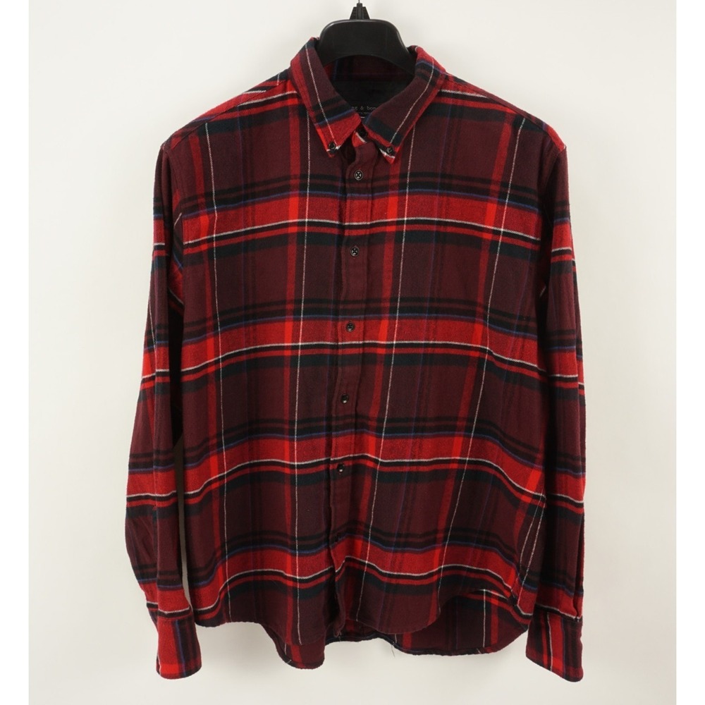 rag & bone Flannel Button Down Shi Men's 2XL Long Sleeve Red‎ Maroon Blue Plaid